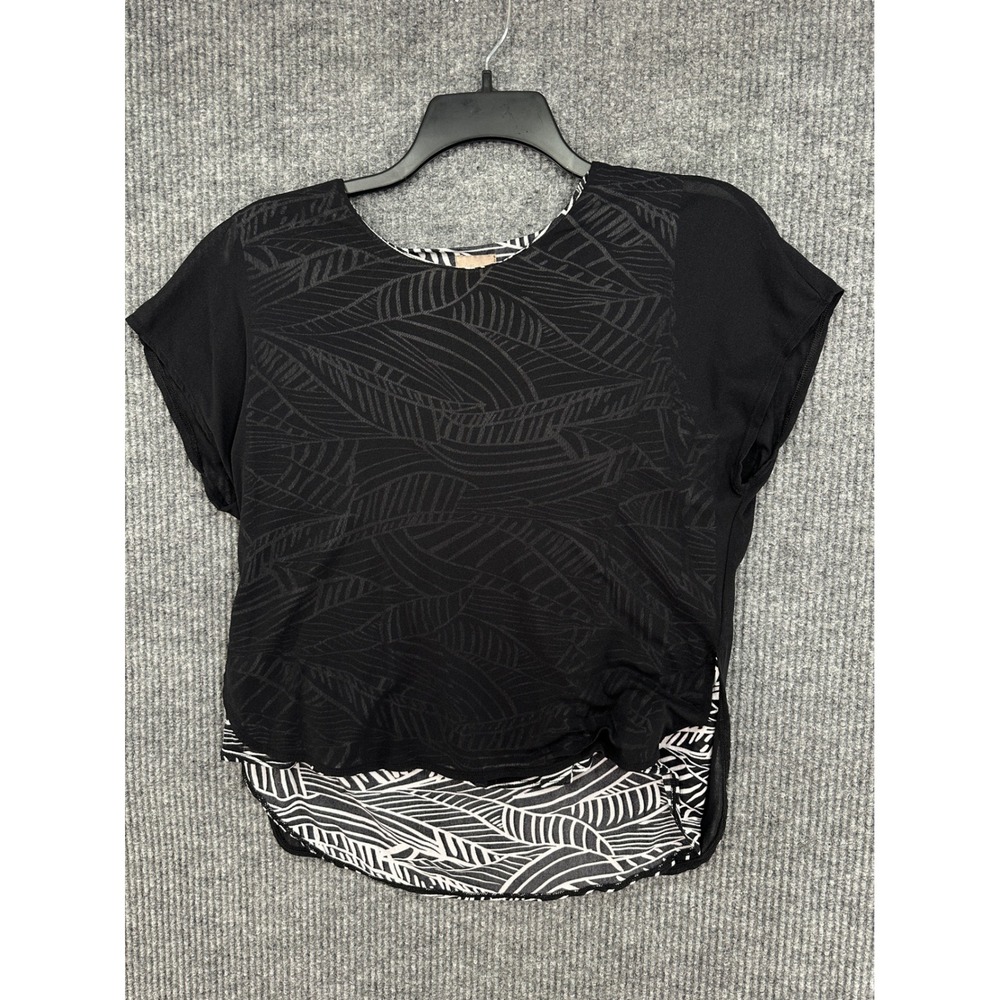Chico's Mesh Layered Top Womens 2 L Black White Leaf Print Short Sleeve Exc